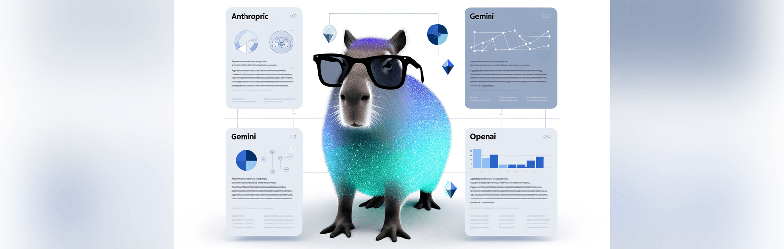 Capybara mascot in sunglasses studying an infographic comparing the Anthropic, Gemini and OpenAI APIs.