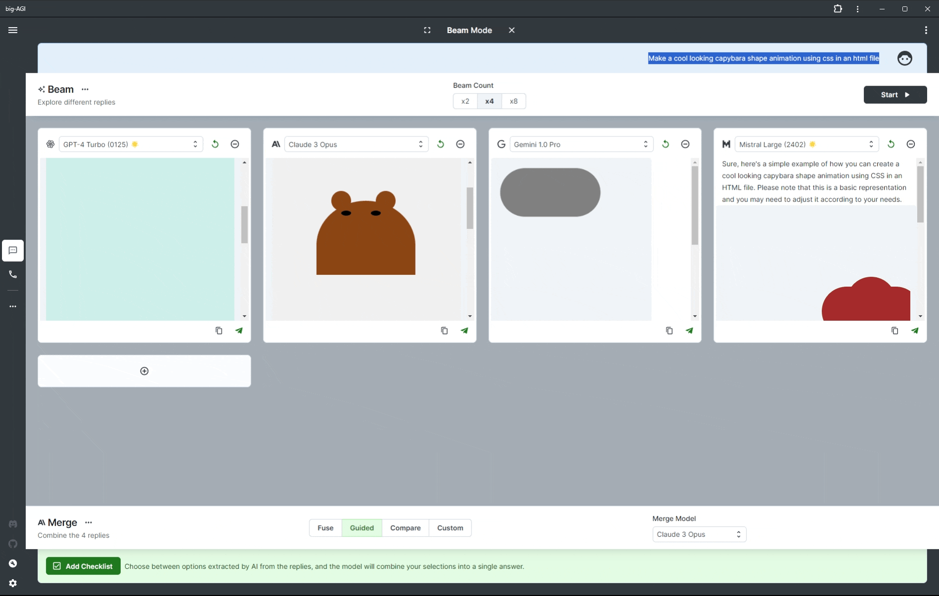 Asking 4 LLMS: “Make a cool looking capybara shape animation using css in an html file”.