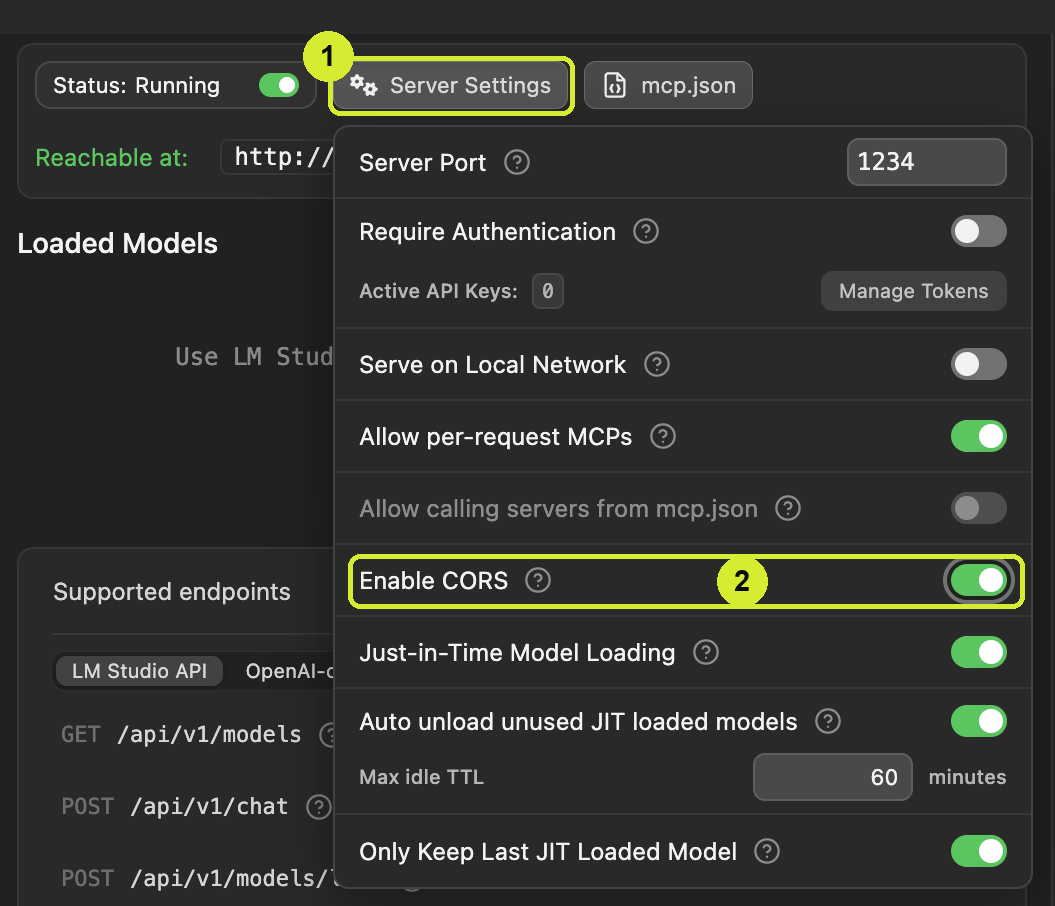The LM Studio Developer tab with the Server Settings popover open, marker 1 on the Server Settings button and marker 2 on the Enable CORS row, its toggle switched on