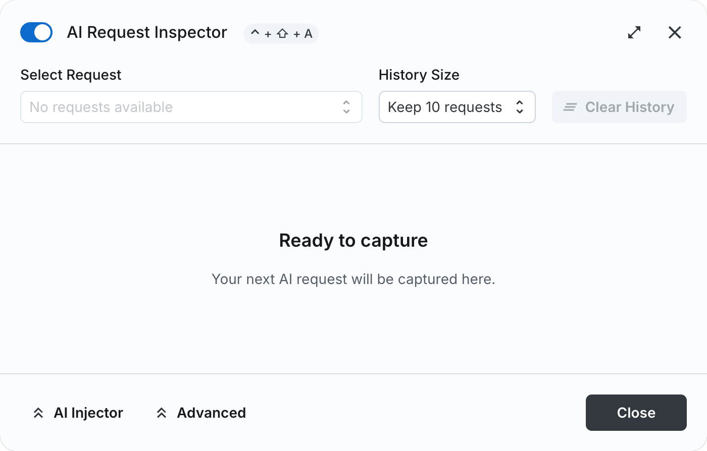 The AI Request Inspector freshly opened: the capture toggle on, a Select Request picker reading No requests available, History Size set to Keep 10 requests, a Clear History button, and the empty state Ready to capture - Your next AI request will be captured here