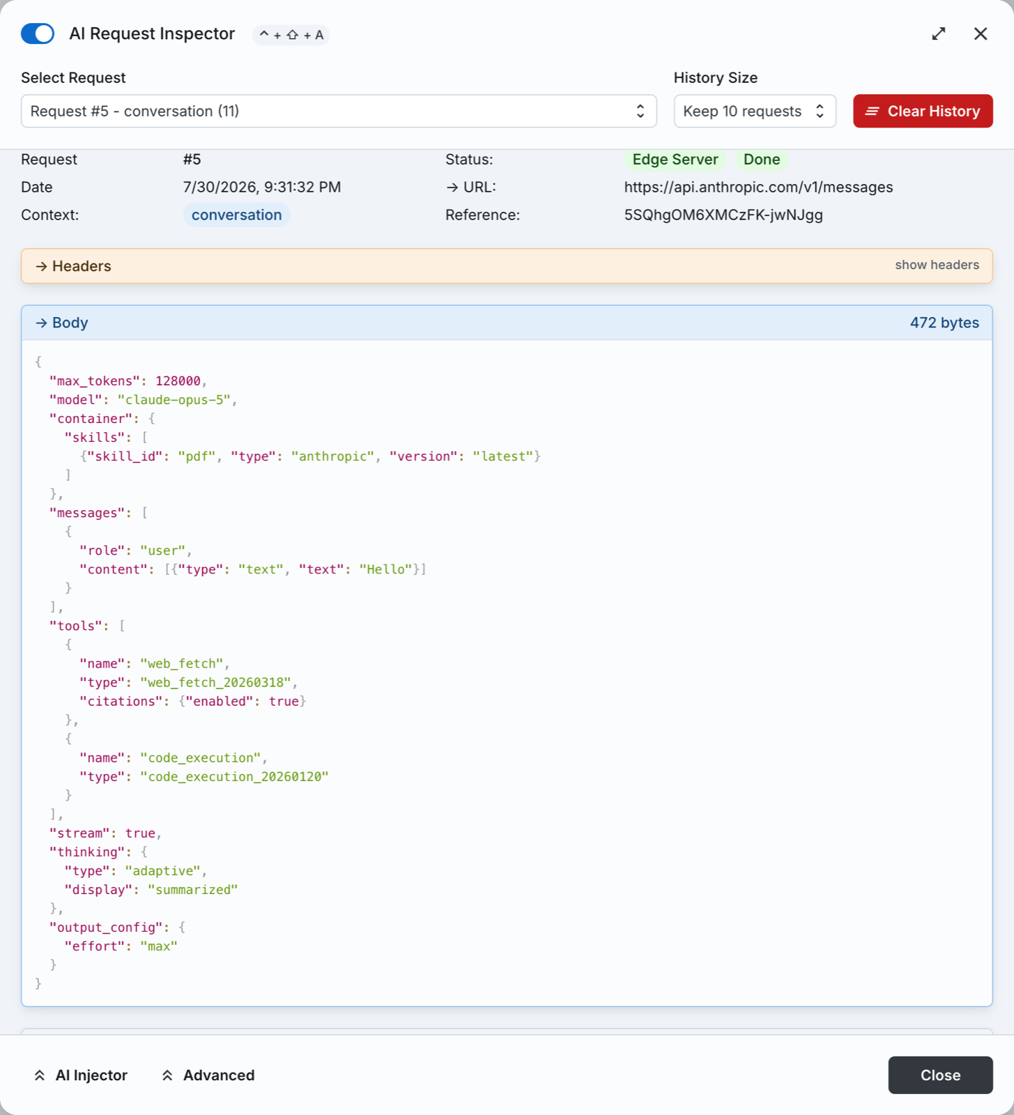 The AI Request Inspector with a captured conversation frame: Edge Server and Done chips, the decoded URL, and the pretty-printed JSON body with the model, tools and thinking fields