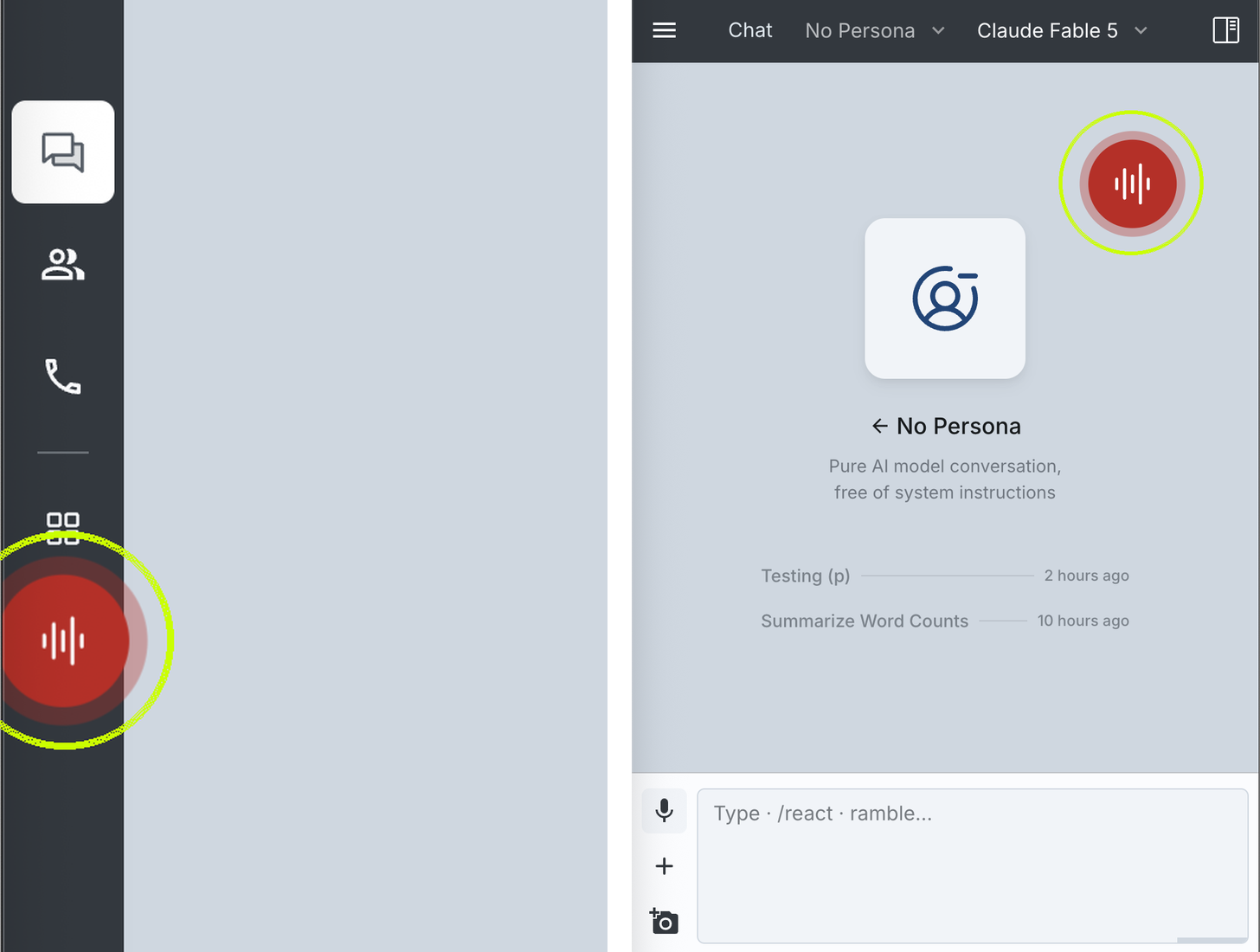 Left: the desktop nav rail with the pulsating red Ramble face, ringed. Right: the mobile app with the draggable red Ramble bubble at the top, ringed.