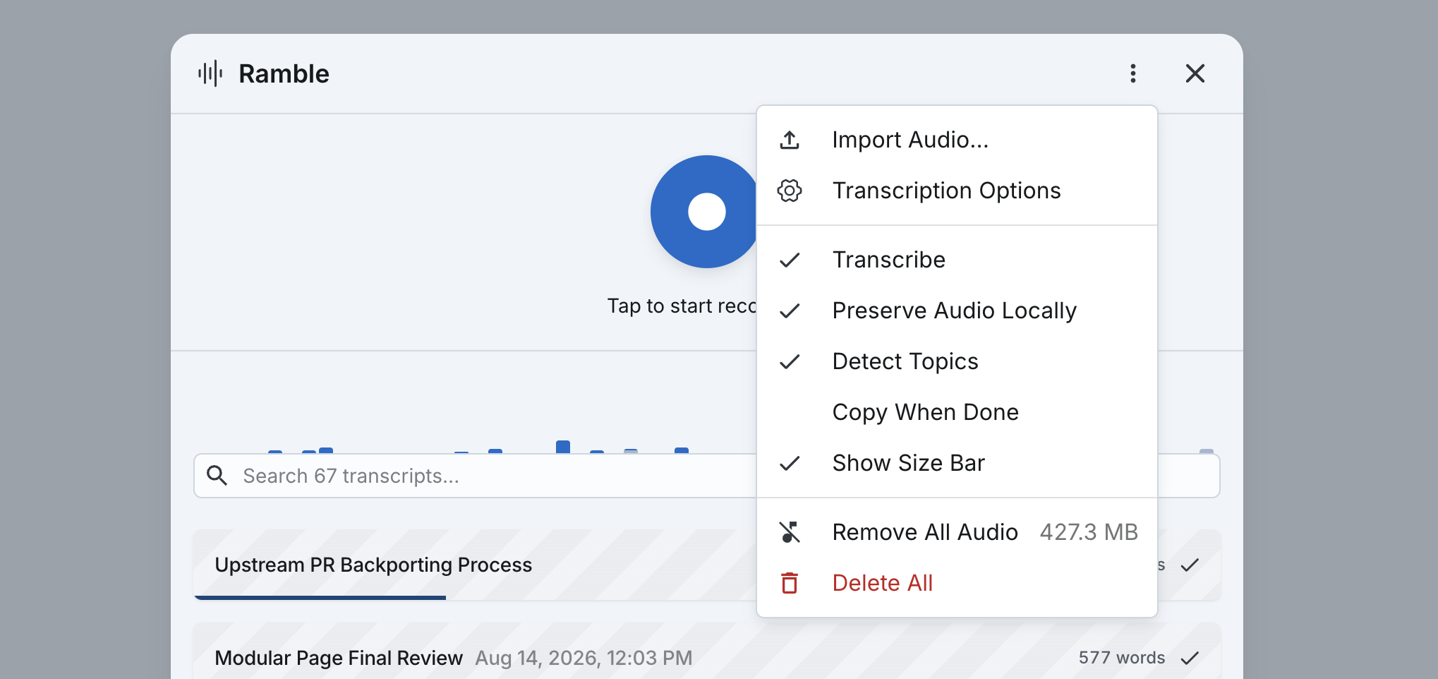 The Ramble panel with its overflow menu open: Import Audio, Transcription Options, the five toggles, then Remove All Audio with a size figure and a red Delete All