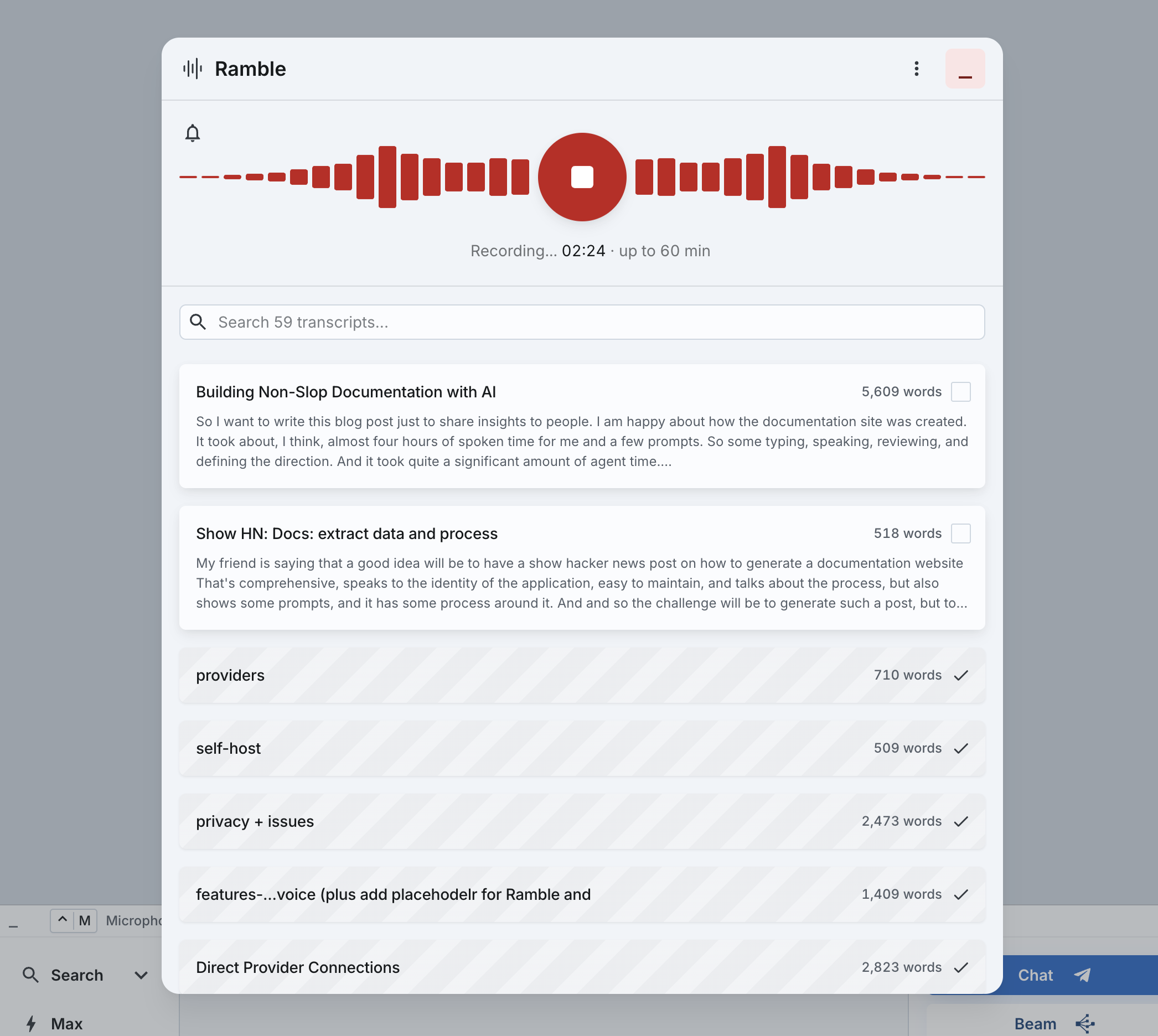 The Ramble panel mid-recording: waveform with a central stop button, the status line Recording... 02:24 up to 60 min, a search box over 59 transcripts, and cards with word counts
