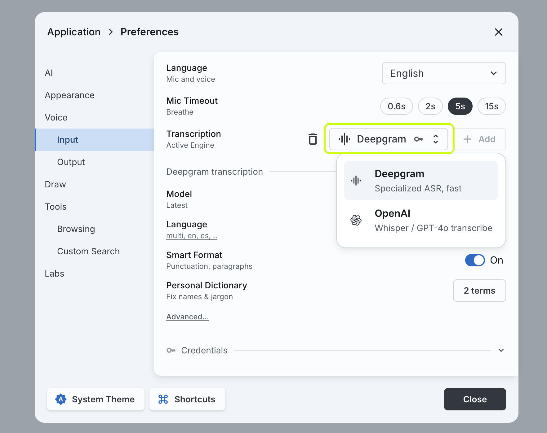 Preferences, Voice, Input: the Transcription Active Engine control ringed, with the engine picker open on Deepgram and OpenAI