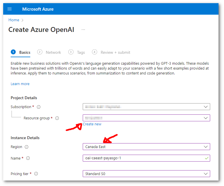 The Azure portal Create Azure OpenAI form, Basics tab, with resource group and region highlighted