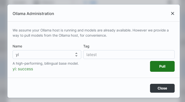 The Ollama Admin pull dialog showing the green success line after a completed pull