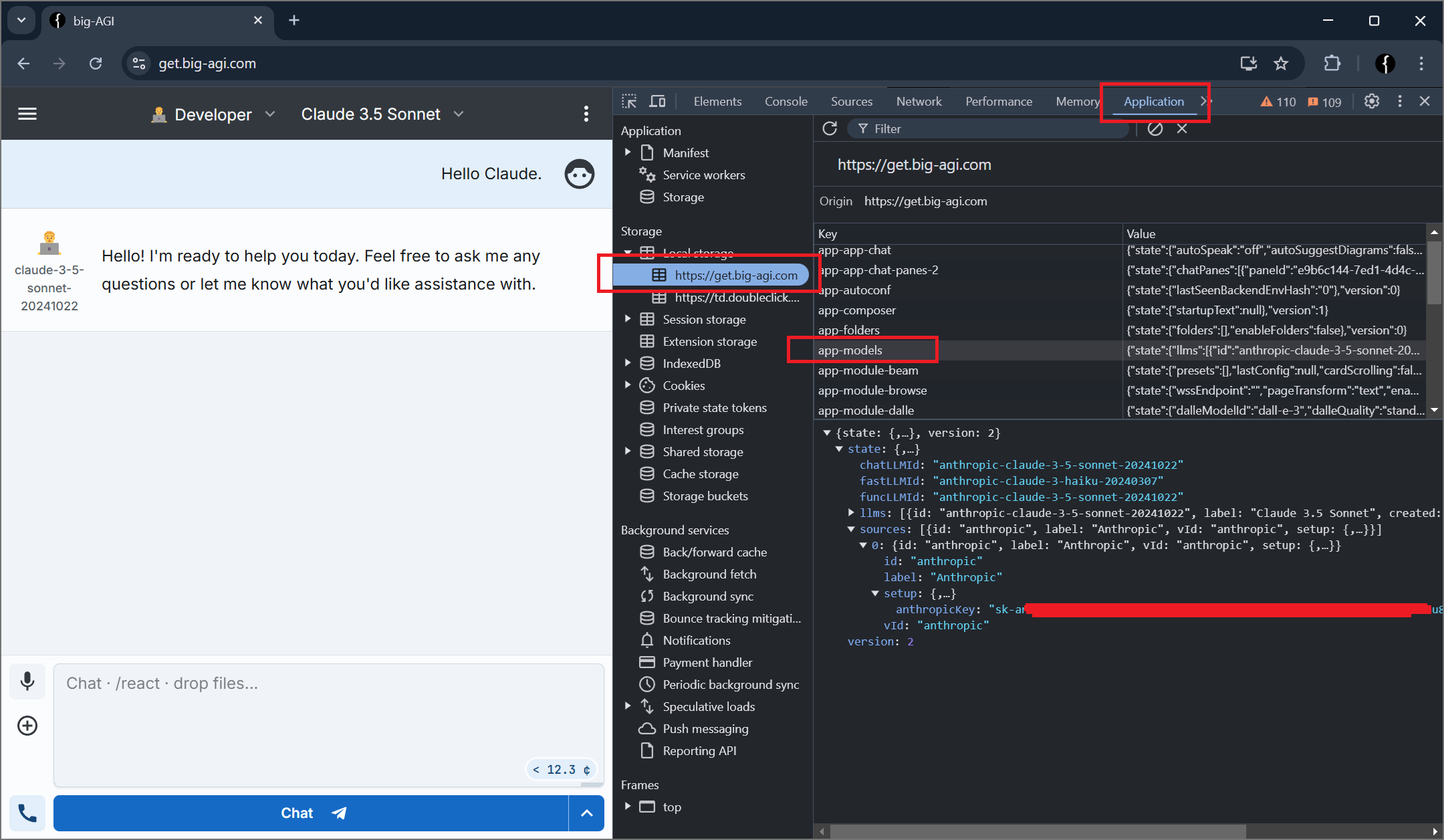 Browser developer tools showing the app-models key in local storage, with the stored API key value redacted