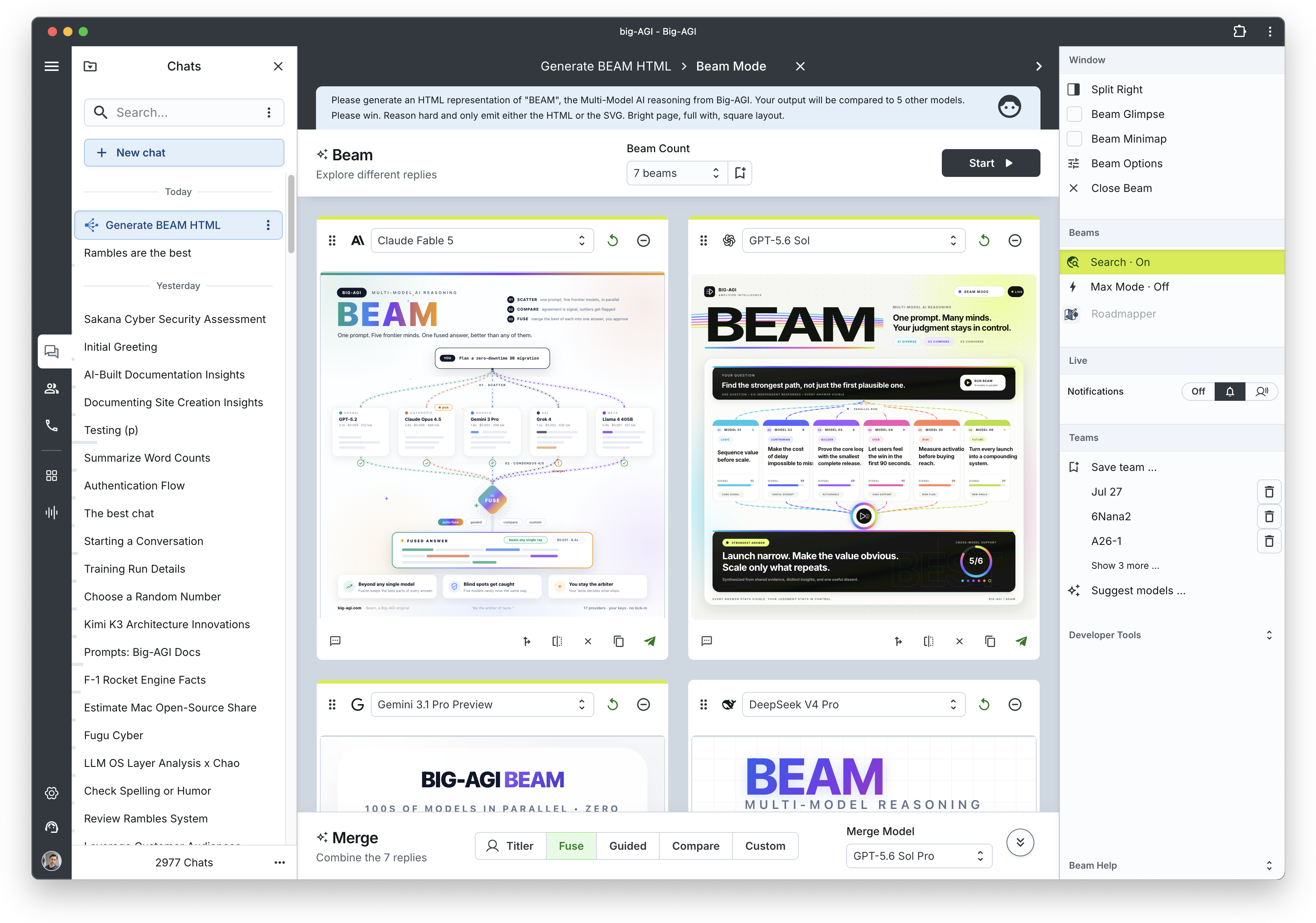The Beam view over a chat: the prompt at the top, a Beam Count of 7, four model cards side by side each with its own model selector and answer, and the merge bar underneath with the Titler, Fuse, Guided, Compare and Custom modes